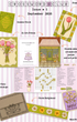 Crossword Club Issue #1 product layout showing a postcard, answer book, two art prints, double-sided crossword puzzle and art prints, cut envelope, floral bellyband, mini print, and clue pages arranged on a pale pink striped background.