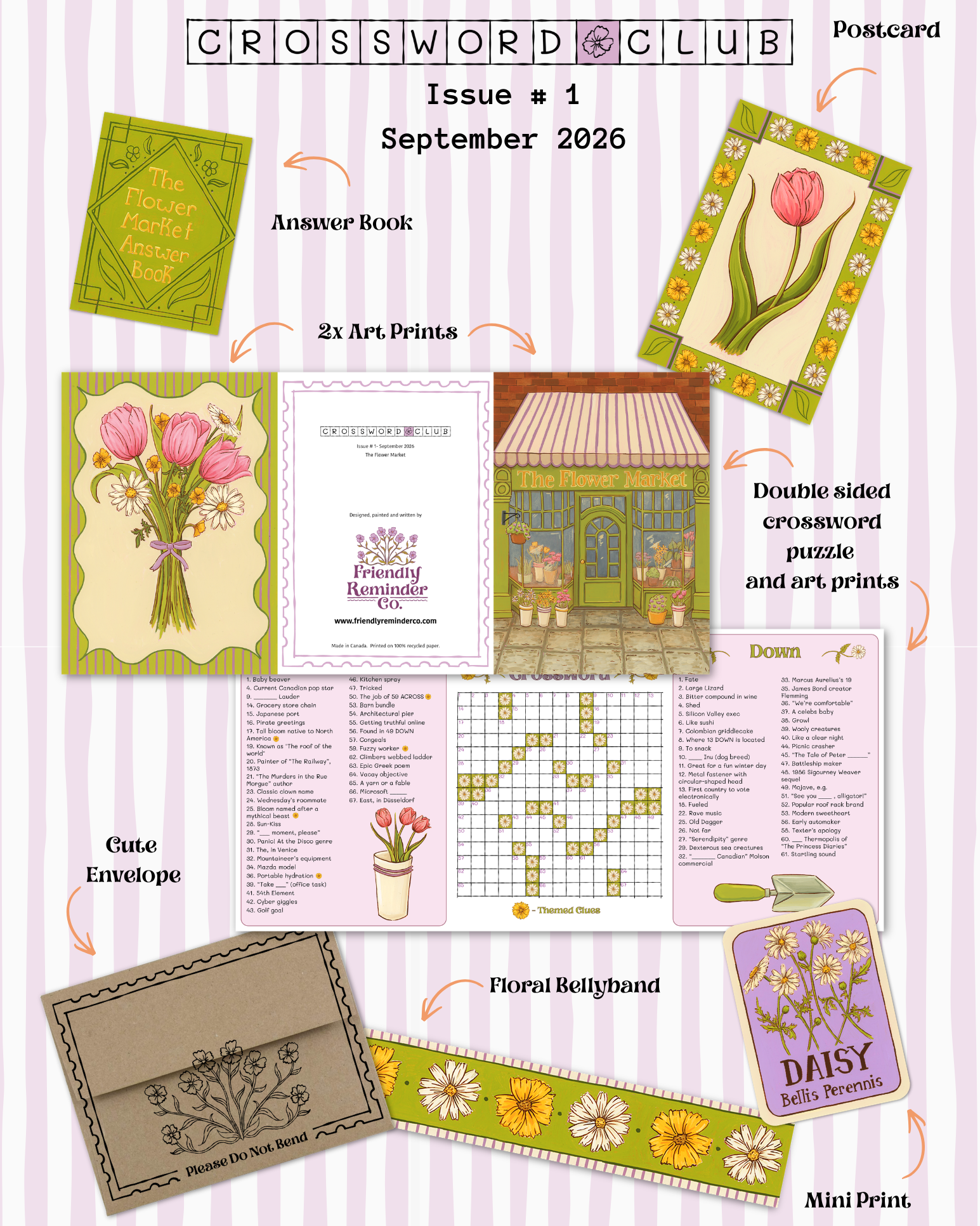 Crossword Club Issue #1 product layout showing a postcard, answer book, two art prints, double-sided crossword puzzle and art prints, cut envelope, floral bellyband, mini print, and clue pages arranged on a pale pink striped background.